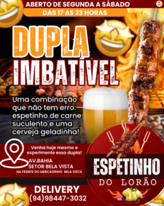 Post instagram dupla imbatível espetinhos de churrasco laranja marrom